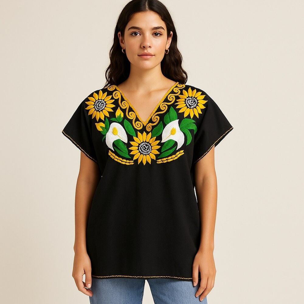 Mexican Embroidered Sunflower Tunic Blouse Black Boho Festival One Size